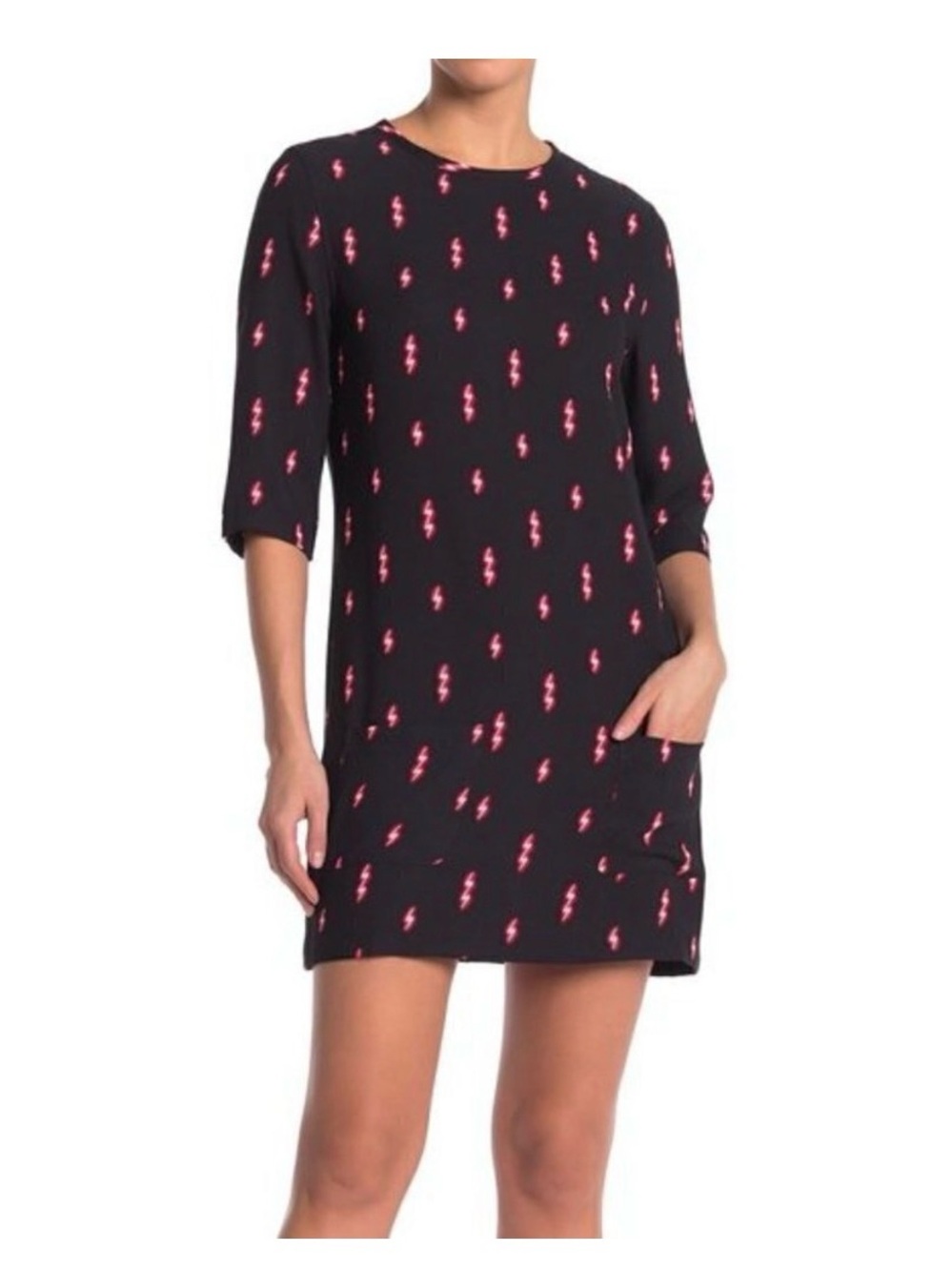 $375 Equipment Black Mini Dress with Pink Lightning Motif